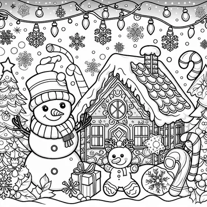 Planche à colorier avec un bonhomme de neige à bonnet, une maison en pain d'épice, un petit bonhomme à bois, cannes à sucre et guirlande