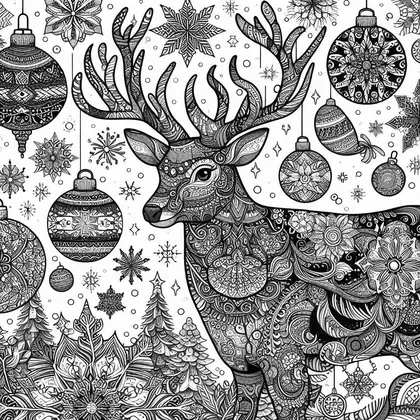 Coloriage : renne au pelage de motifs et de fleurs, entouré de boules suspendues, de flocons et de petits sapins