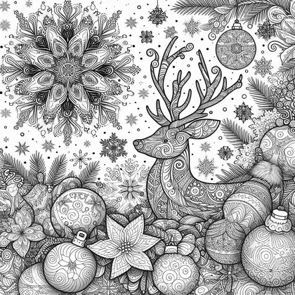 Dessin à colorier d'un renne au pelage orné de spirales, parmi de grosses boules, un mandala de flocon, un poinsettia et des branches