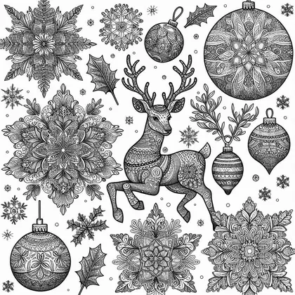 Planche à colorier réunissant un renne bondissant, des boules de Noël, des flocons en rosaces et des feuilles de houx