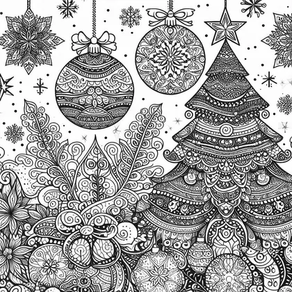 Coloriage : sapin à étages ornés de motifs fins, grosses boules suspendues, flocons et feuillages enroulés