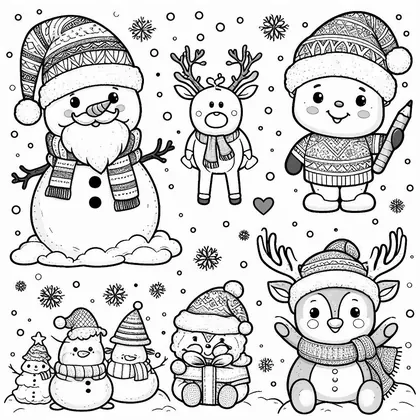 Planche à colorier : bonhomme de neige barbu, renne à écharpe, petits bonshommes de neige, enfant au crayon et flocons