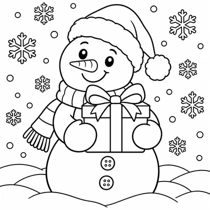 Coloriage d'un bonhomme de neige en bonnet de Père Noël tenant un paquet cadeau à gros nœud, entouré de flocons