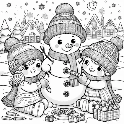 Coloriage : un bonhomme de neige en bonnet à pompon que deux enfants décorent, village enneigé et sapins au fond