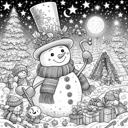 Coloriage : bonhomme de neige au chapeau garni de houx, avec cannes à sucre, cadeaux, enfants, sapins et lune étoilée