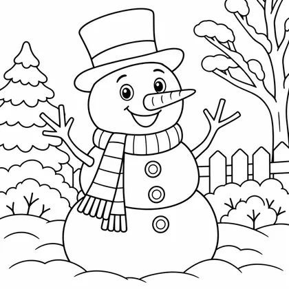 Coloriage d'un bonhomme de neige à chapeau haut de forme et écharpe rayée, devant un sapin, un arbre et une barrière