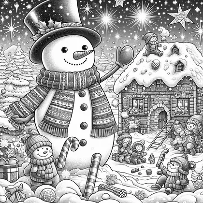 Dessin à colorier : bonhomme de neige à l'écharpe à motifs, maison en pierre sous la neige et enfants en bonnet qui jouent