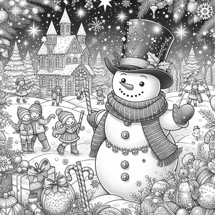 Coloriage d'un bonhomme de neige en haut-de-forme et écharpe, avec des enfants qui jouent devant une grande maison enneigée