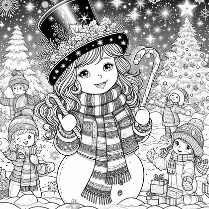 Coloriage : fillette en haut-de-forme garni de houx et écharpe rayée, sur un corps de bonhomme de neige, avec des enfants