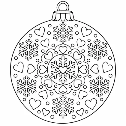 Coloriage d'une boule de Noël décorée d'un motif circulaire de flocons, de cœurs et de petits ronds autour d'une rosace