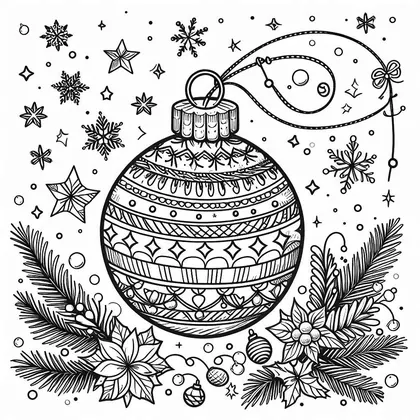 Coloriage d'une boule de Noël à frises, avec ruban, branches de sapin, poinsettias, étoiles, flocons et petites boules en bas