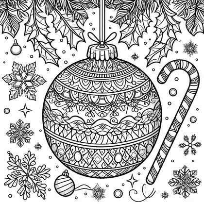 Coloriage d'une boule de Noël à frises, suspendue sous des feuilles de houx, à côté d'une canne à sucre et de flocons