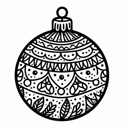 Coloriage d'une boule de Noël à gros traits, décorée de festons, de cœurs, de pois et de feuilles