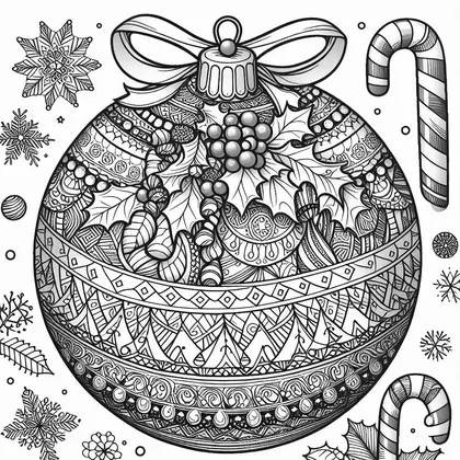 Coloriage d'une boule de Noël très ornée, nouée d'un ruban et décorée de houx, entourée de cannes à sucre et de flocons
