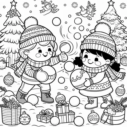 Coloriage de deux enfants en bonnet portant de grosses boules de Noël dans le jardin, sapins, cadeaux et boules au sol