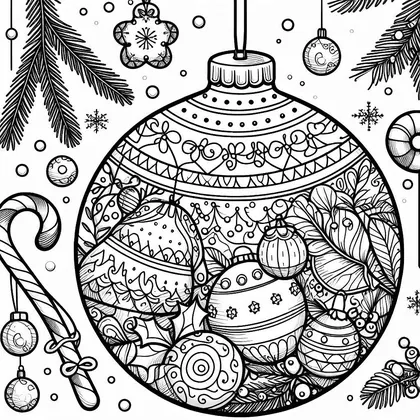 Planche à colorier : grosse boule de Noël remplie de petites boules, de feuilles et de houx, avec une canne à sucre autour