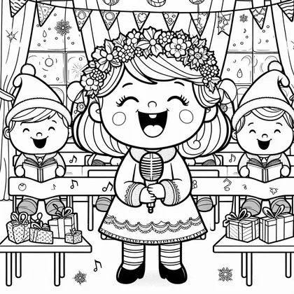 Planche à colorier avec une fillette à couronne de fleurs qui chante au micro, deux enfants en bonnet et des cadeaux