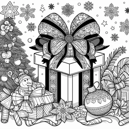 Dessin à colorier : gros paquet cadeau à nœud ornementé, avec sapin décoré, bonhomme de neige, boule, poinsettia et flocons