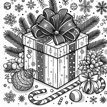 Coloriage d'un paquet cadeau à ruban à pois et flocons, avec branches de sapin, une boule, une canne à sucre et des flocons