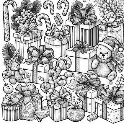 Coloriage d'un tas de cadeaux à nœuds, de cannes à sucre et de deux ours en peluche, dont l'un porte un bonnet et une écharpe