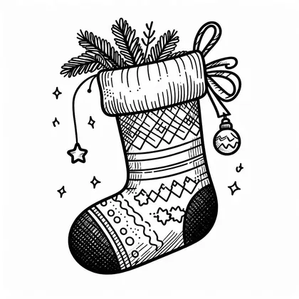 Dessin à colorier : chaussette à bord rayé et losanges, avec branches de sapin, nœud, petite boule et étoile pendantes