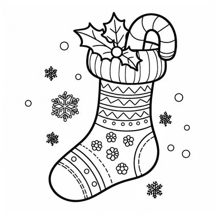 Coloriage d'une chaussette de Noël à fleurs et zigzags, garnie de houx et d'une canne à sucre, avec des flocons autour