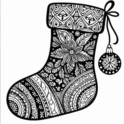 Coloriage d'une grande chaussette de Noël à motifs très fins, avec une fleur au centre, une boule suspendue et un nœud