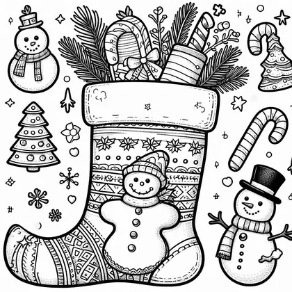 Coloriage d'une chaussette de Noël remplie de branches et de cannes à sucre, avec bonshommes de neige et petits sapins autour