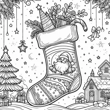 Coloriage : chaussette ornée du Père Noël, garnie de branches et d'une canne à sucre, avec grand sapin, maisons et étoiles
