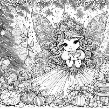 Coloriage d'une fée aux ailes à volutes et couronne de roses, entourée de boules de Noël, de branches de sapin et de paquets