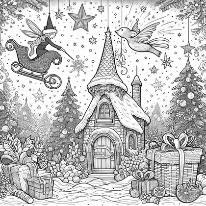 Dessin à colorier : fée dans un petit traîneau, oiseau en vol et maison à toit enneigé, avec sapins décorés et cadeaux