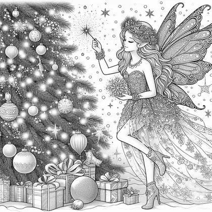 Planche à colorier : fée aux yeux fermés qui lève une baguette près d'un sapin à guirlandes lumineuses, boules et cadeaux