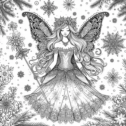 Coloriage d'une fée aux yeux fermés tenant un sceptre de houx, ailes ornées de volutes, entourée de flocons et de branches