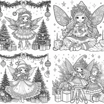 Planche à colorier de quatre fées en bonnet de Noël, entre guirlandes, sapins décorés, cadeaux et bougies