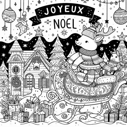Coloriage : renne en bonnet et pull dans un traîneau devant des maisons, avec une bannière « JOYEUX NOEL » et des cadeaux