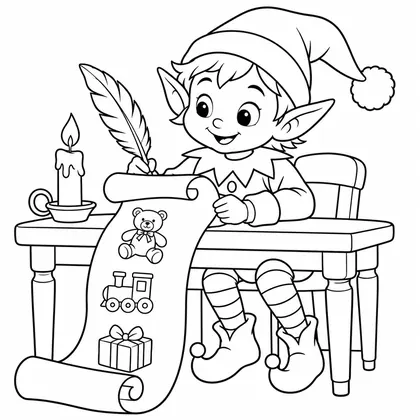 Dessin à colorier : un lutin assis à sa table écrit avec une plume sur un long parchemin illustré de jouets, bougie à côté