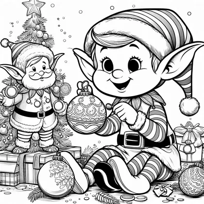 Coloriage : un lutin assis tient une boule de Noël, un lutin barbu décore un sapin à étoile derrière des cadeaux