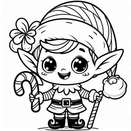 Coloriage d'un petit lutin aux grands yeux, une fleur sur le bonnet, qui tient une canne à sucre et un bâton à pompon