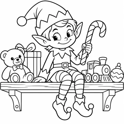 Dessin à colorier : une lutine assise sur une étagère avec une canne à sucre, un ours en peluche, un train et une boule