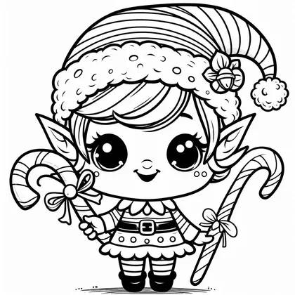 Coloriage : lutine à bonnet de fourrure et pompon, grands yeux, qui porte une canne à sucre nouée d'un ruban dans chaque main