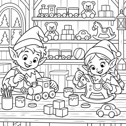 Planche à colorier : deux lutins peignent un petit train et un cheval à bascule dans l'atelier, étagères de jouets au fond