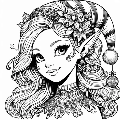 Dessin à colorier : portrait d'une lutine aux longs cheveux ondulés, bonnet rayé orné de poinsettias, boule en pendentif