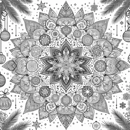 Mandala à colorier dont la couronne de pétales porte des boules décorées, avec flocons, étoiles et branches de sapin autour