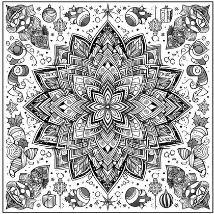 Mandala à colorier à grande fleur centrale, avec boules, cadeaux, flocons, houx et cannes à sucre dans un cadre carré