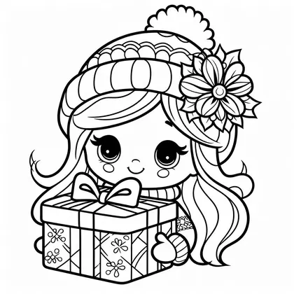 Coloriage d'une fillette aux grands yeux, bonnet à pompon orné d'une fleur, qui serre dans ses bras un cadeau noué d'un ruban