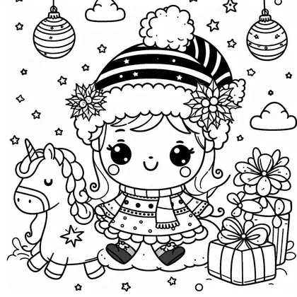 Coloriage d'une fillette aux grands yeux, bonnet rayé à pompon et houx, assise près d'une licorne, de cadeaux et de boules suspendues