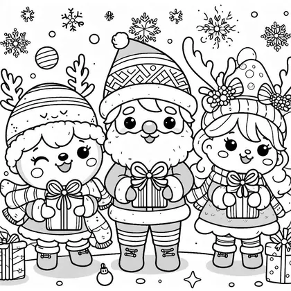 Dessin à colorier : trois personnages souriants, dont un Père Noël, tiennent chacun un cadeau sous les flocons, bonnets à bois de renne