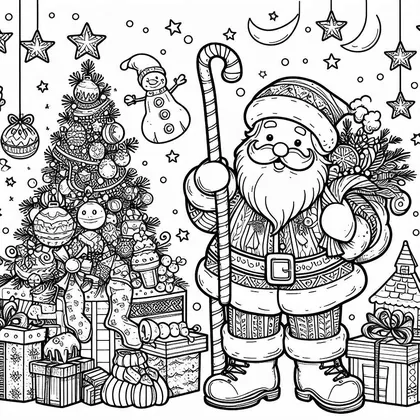 Coloriage du Père Noël à la grande canne à sucre, avec un sapin garni, des chaussettes, des cadeaux et un bonhomme de neige