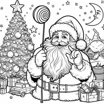 Coloriage du Père Noël à côté d'un grand sapin décoré, une sucette géante à la main, cadeaux, camion et lune