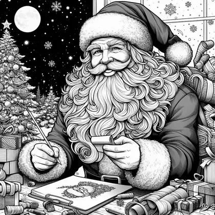 Coloriage du Père Noël qui écrit une lettre à son bureau, sapin décoré, lune et cadeaux sous un ciel étoilé